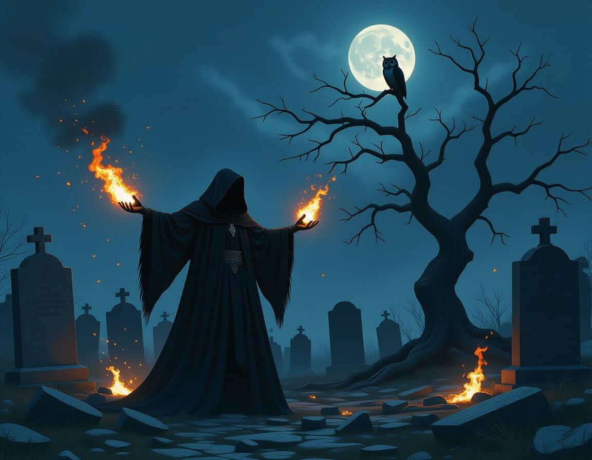 Warlock Summons Undead in Graveyard, Digital Matte Painting
