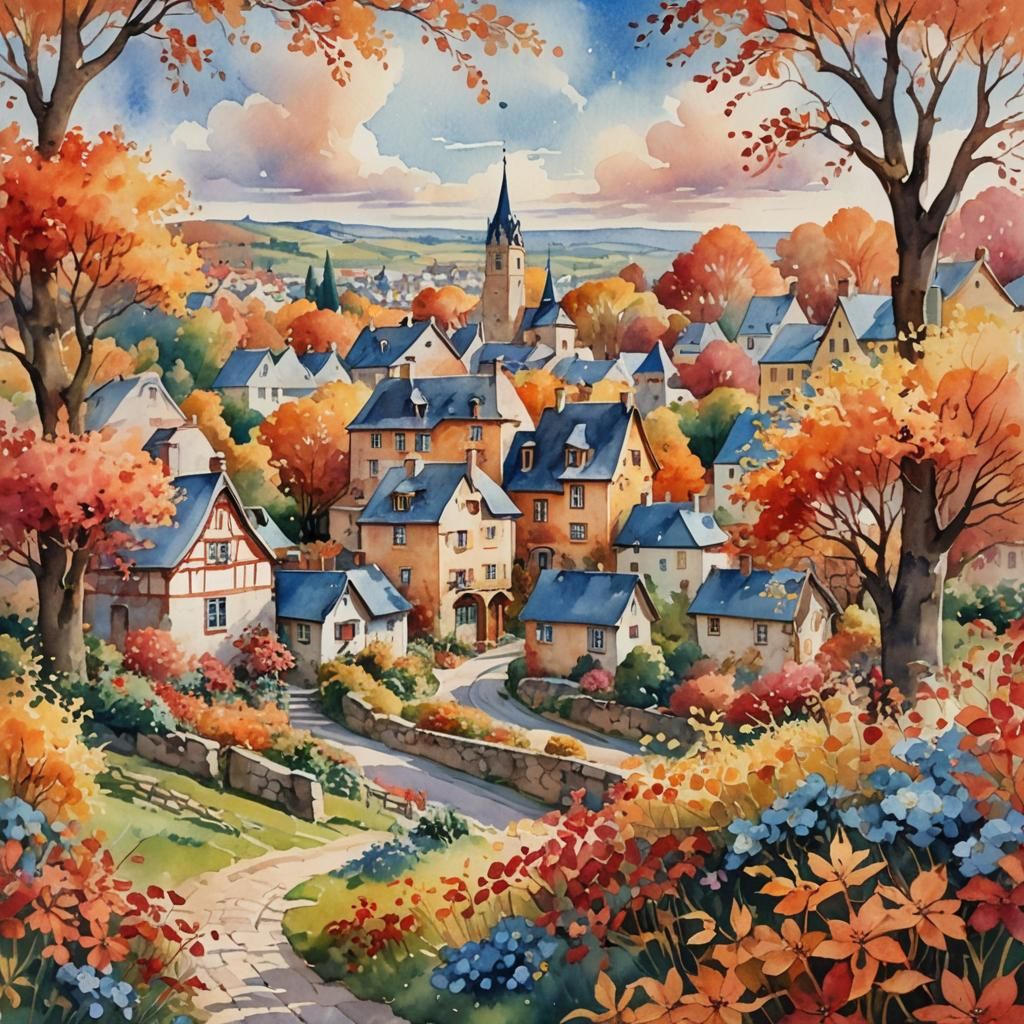 Dreamy Village Landscape with Autumn Colors in Watercolor