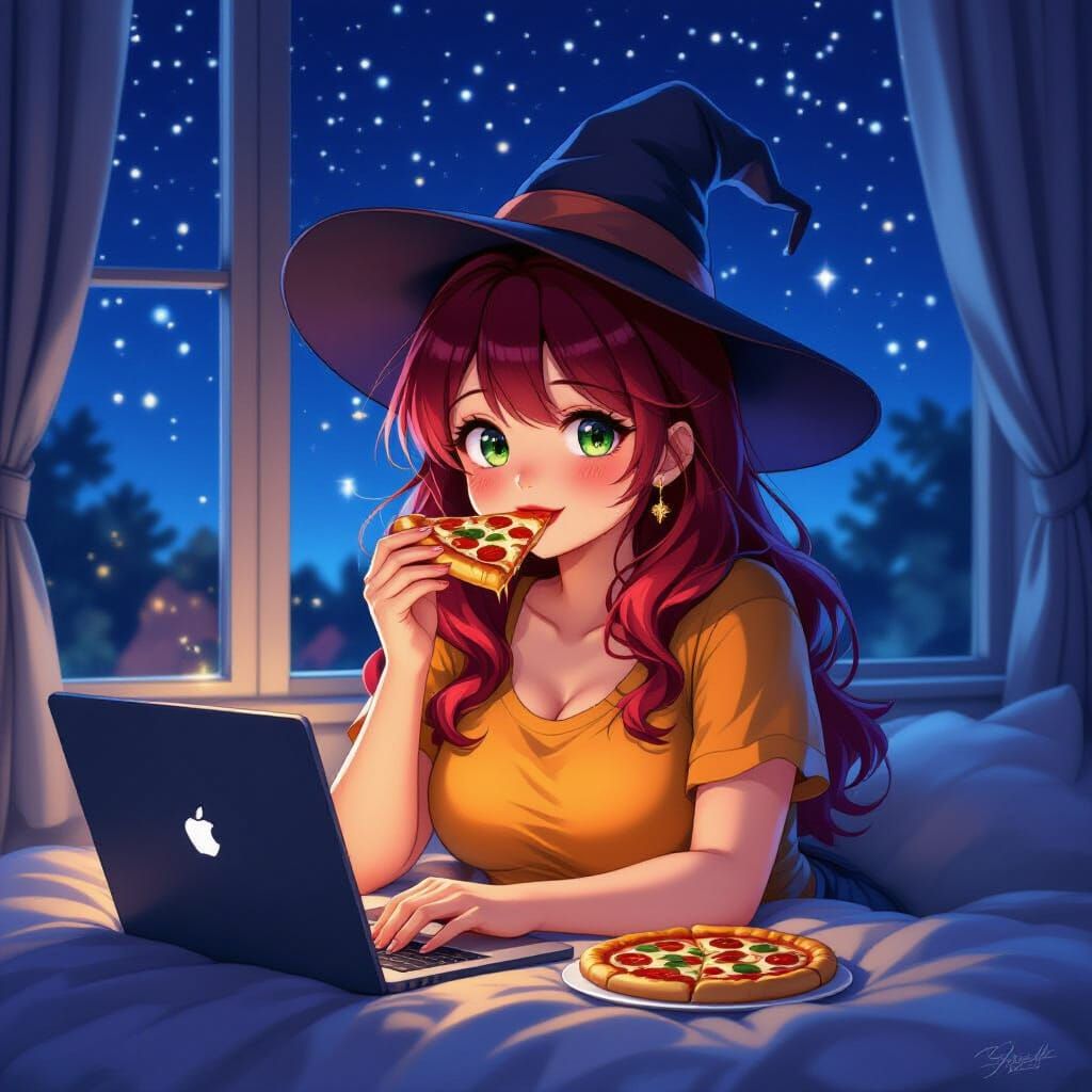 Anime Woman with Crimson Hair in Witch Hat Eating Pizza
