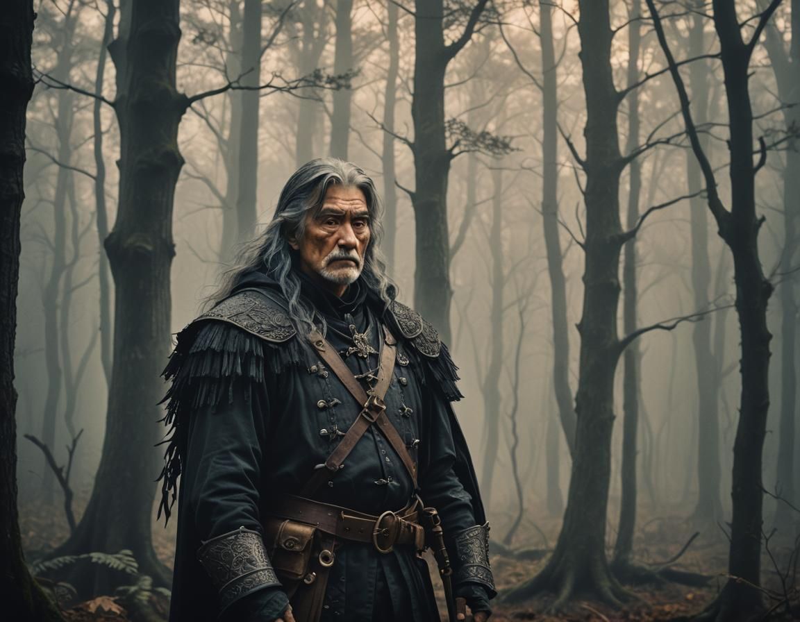 Worried Hunter in Misty Forest: Dark Fantasy Anime Art