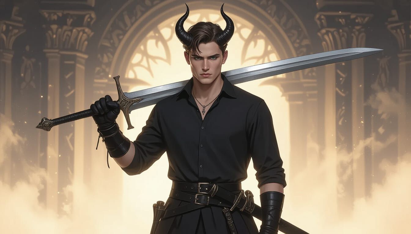 Devil Horned Swordsman in Dark Fantasy Style
