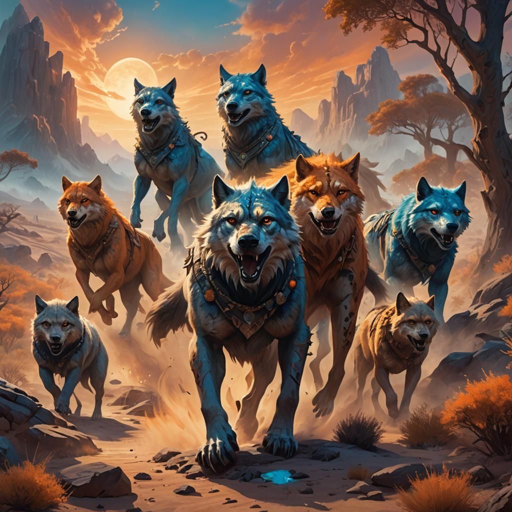 Mystical Mirage: Gnoll Huntmasters and Wolves in Fantasy Art