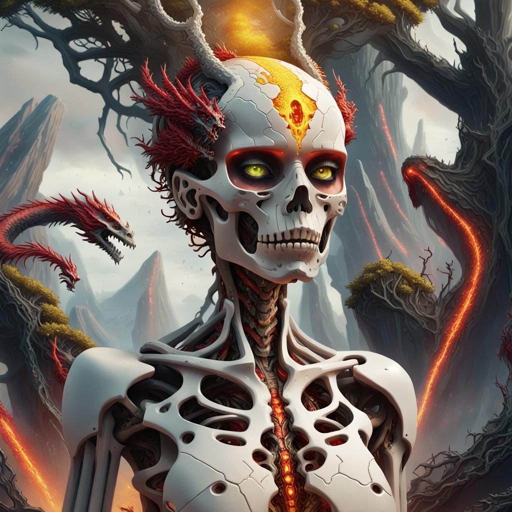 Futuristic Dragon Emerges from Cyberpunk Skeleton Woman