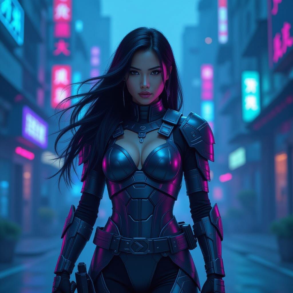 Imagine a futuristic Filipina warrior, clad in neon-lit armo...