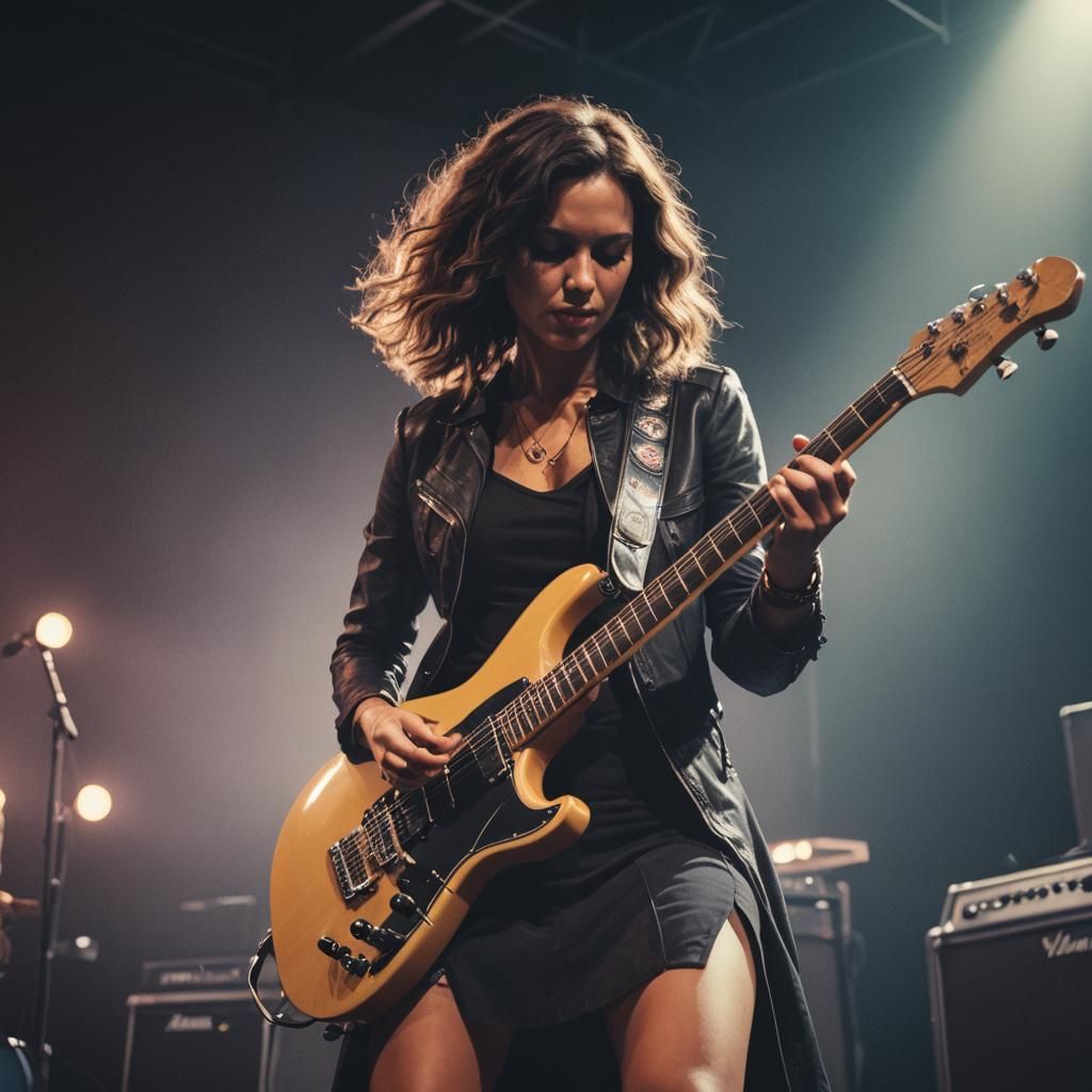Woman on Stage Playing Electric Guitar