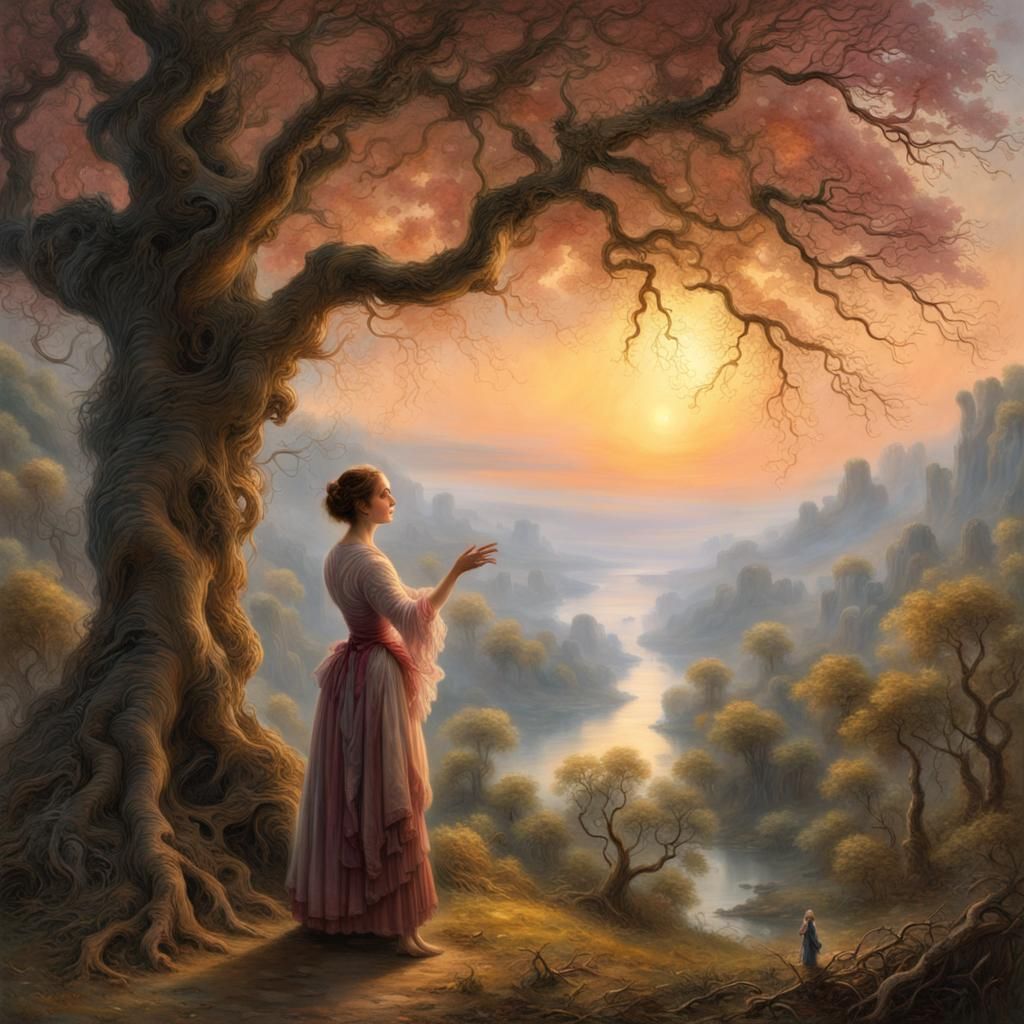 Woman Touches Tree at Dawn: A Classical Painting