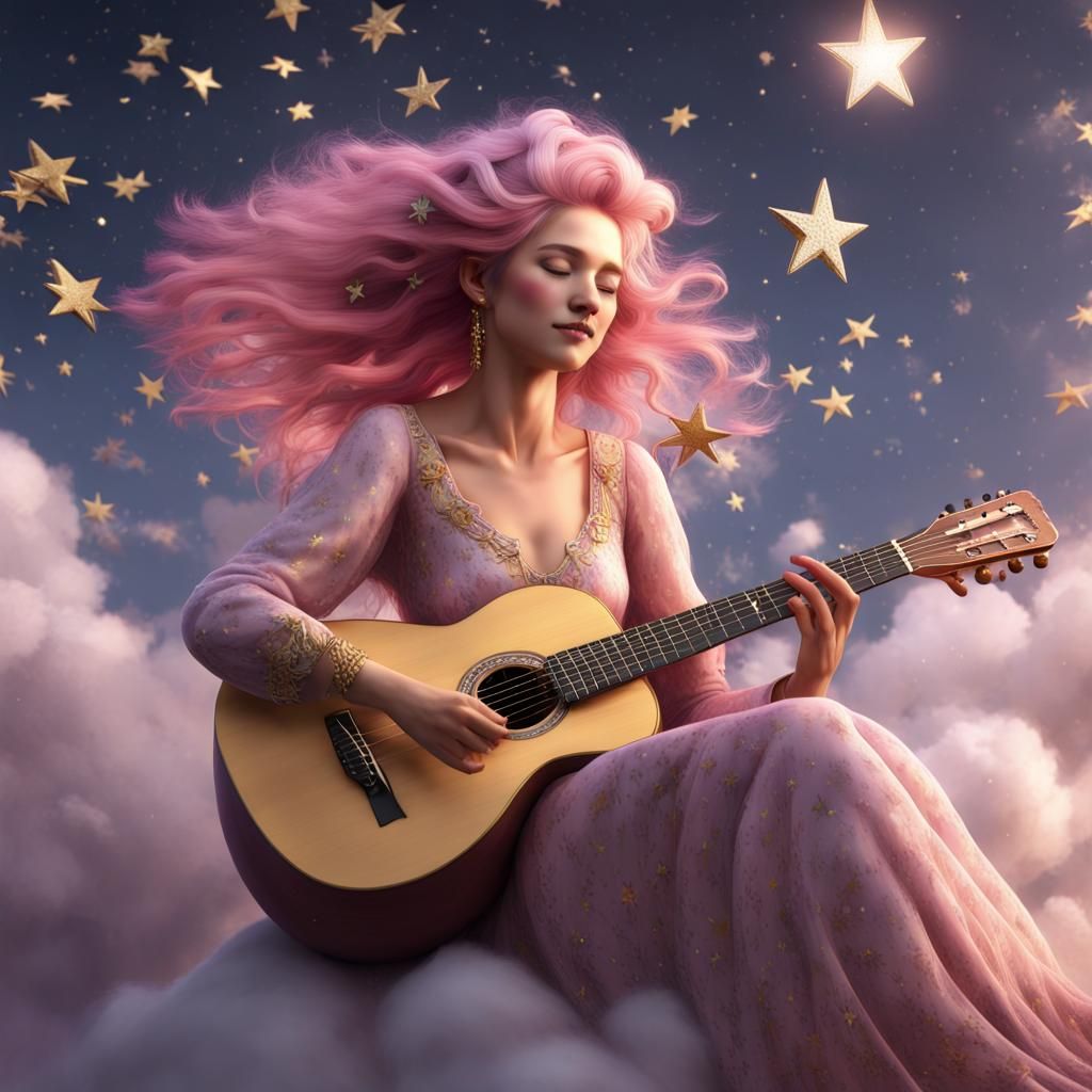 Woman Plays Guitar on Cloud with Golden Stars
