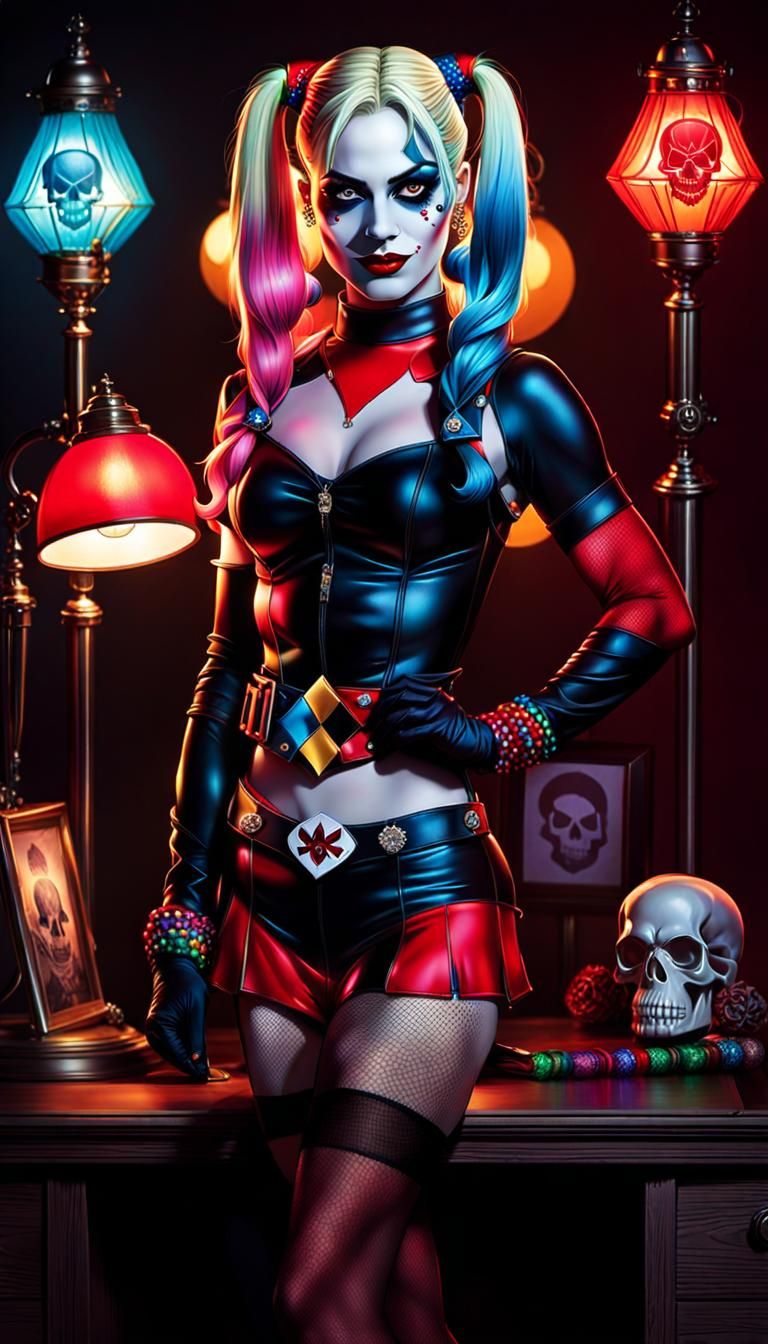 A collectible L.E.D. Desk Lamp shining brightly in the shape of Harley Quinn, a DC Collectable
