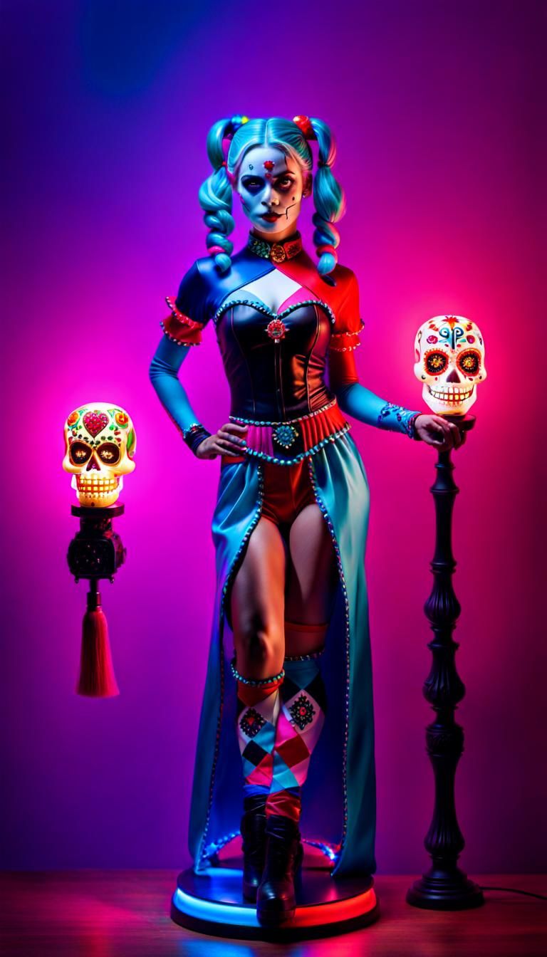 A collectible L.E.D. Desk Lamp shining brightly in the shape of Harley Quinn, a DC Collectable