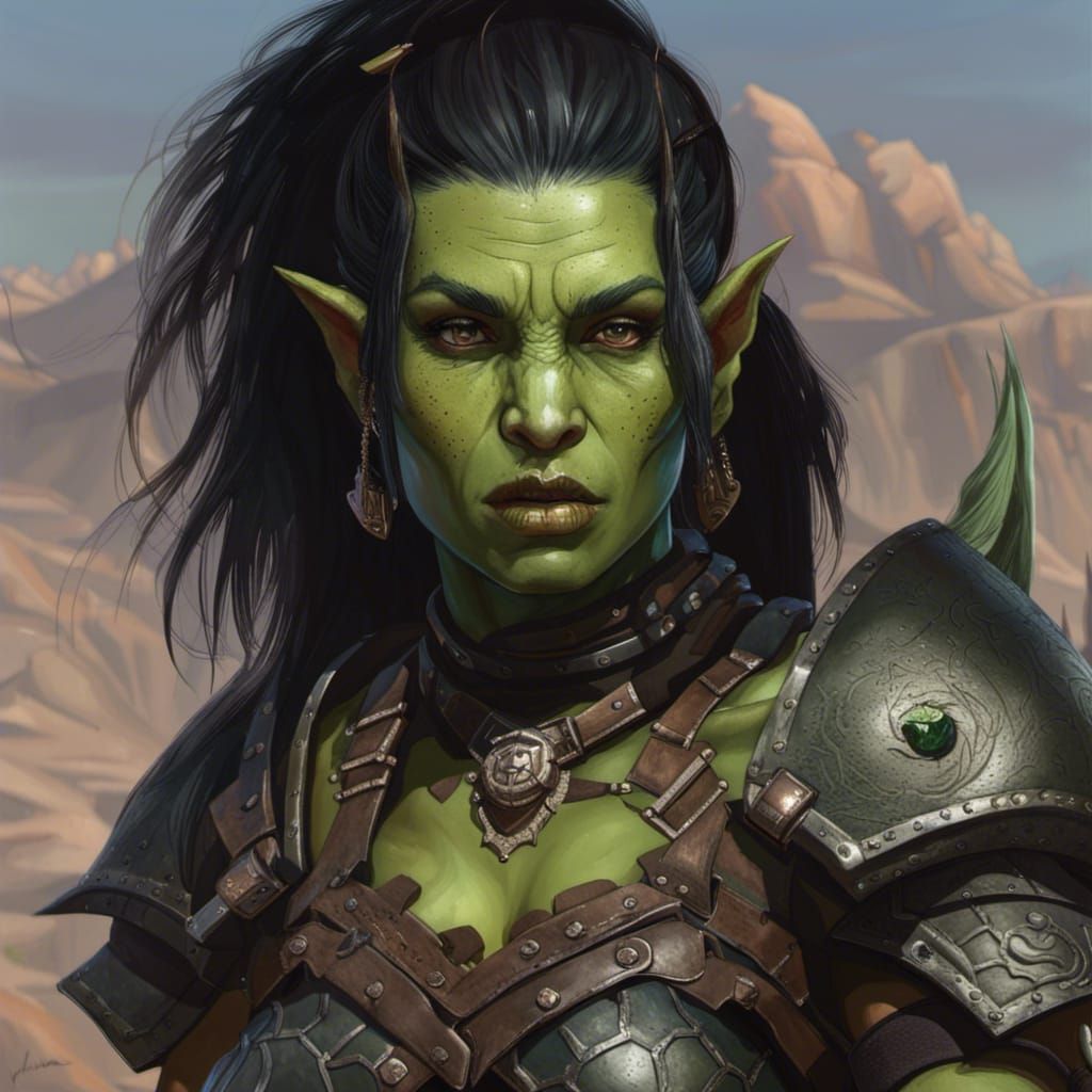 Green-Skinned Orc Warrior in Black Armor: Oil Painting