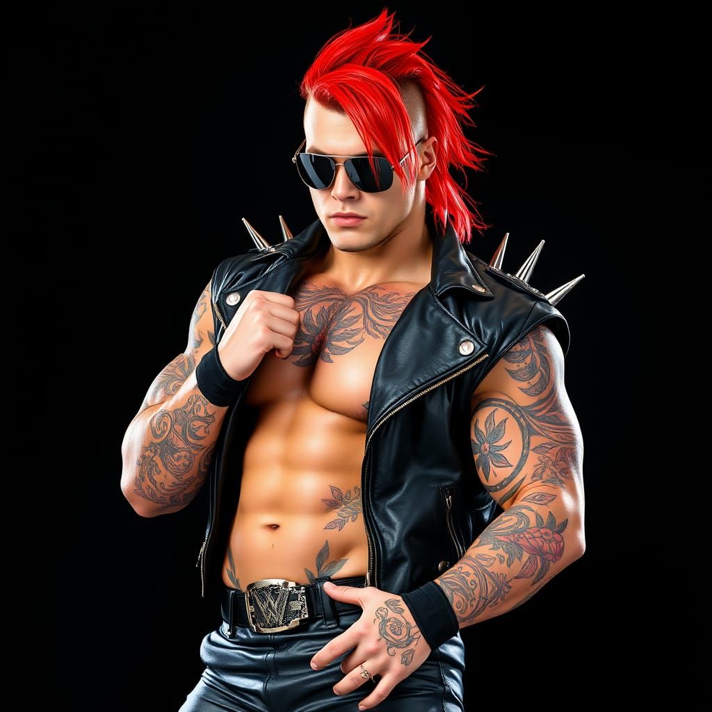 Cyberpunk Wrestler in Black Leather and Mirrored Shades