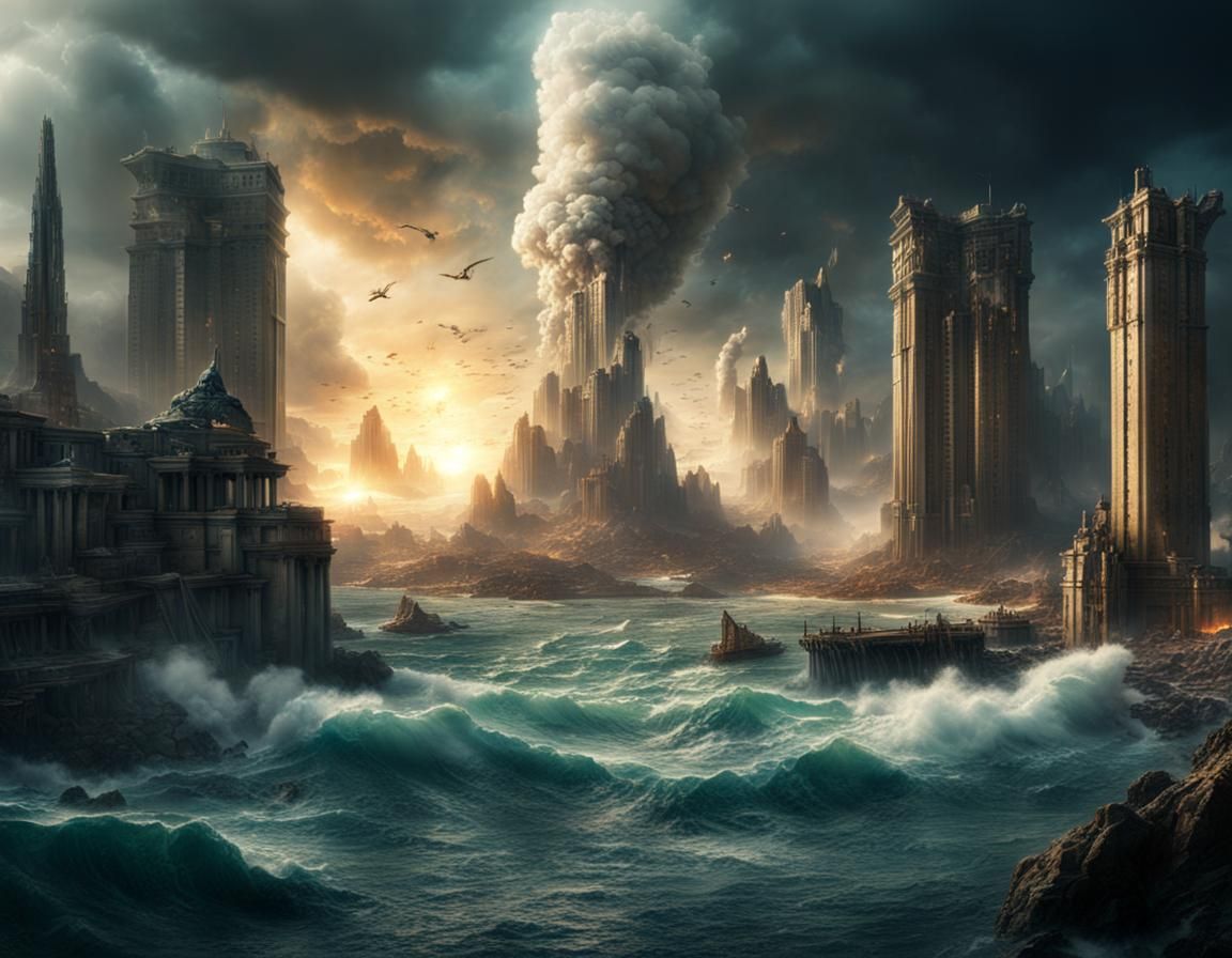 Dramatic Destruction of Atlantis in Digital Painting
