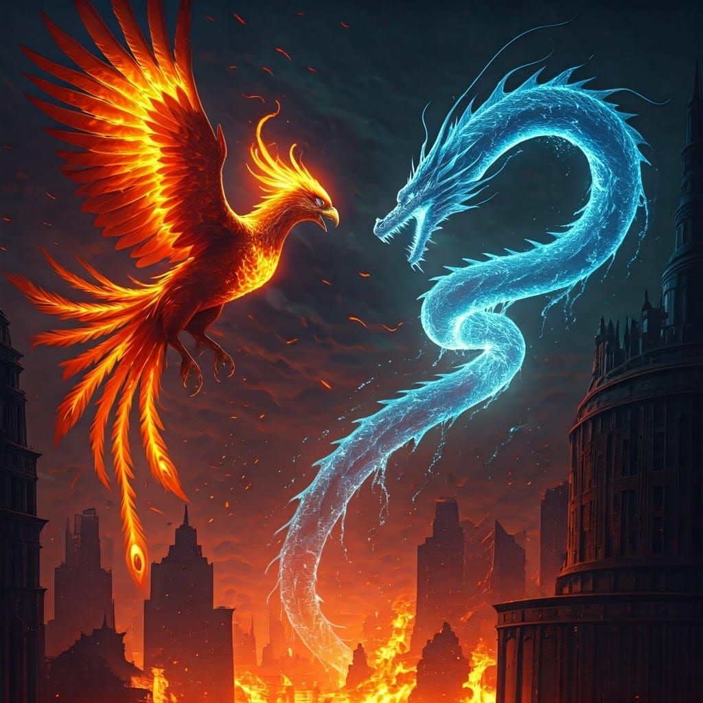 Gargantuan Phoenix Engages Colossal Water Dragon in Epic Ski...