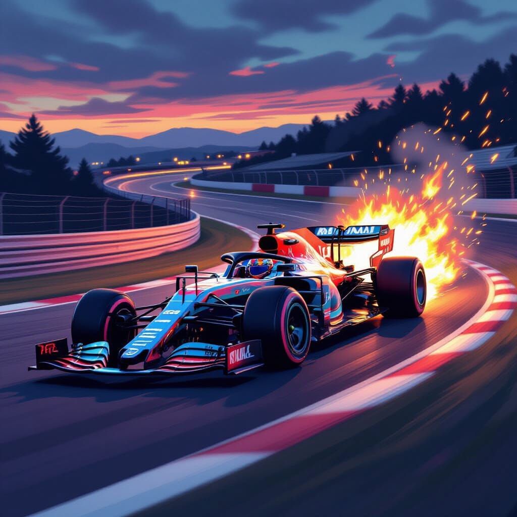 F1 Car Speeds on Track with Fiery Exhaust