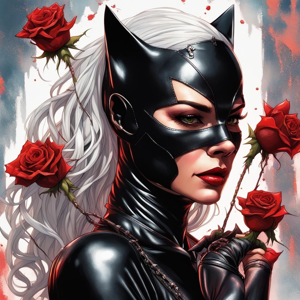 Hyperrealistic Catwoman in Black Leather with Whip