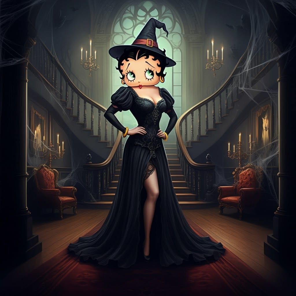 Anthropomorphic Witch in Haunted House, Oil Painting