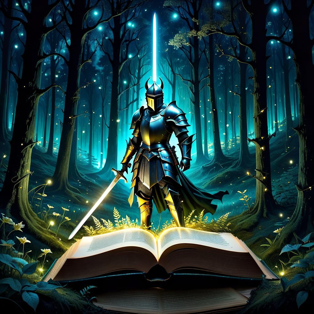 Knight in Old Book, Luminescent Forest Illustration