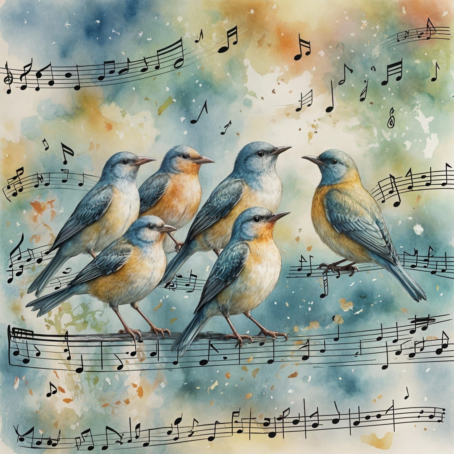 Birds Stepping on Music Notes