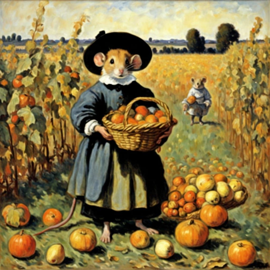 Mouse With Large Autumn Harvest, Impressionist Style