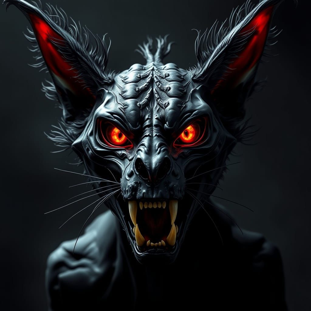 Dark Feline Creature with Caracal Ears and Burning Red Eyes