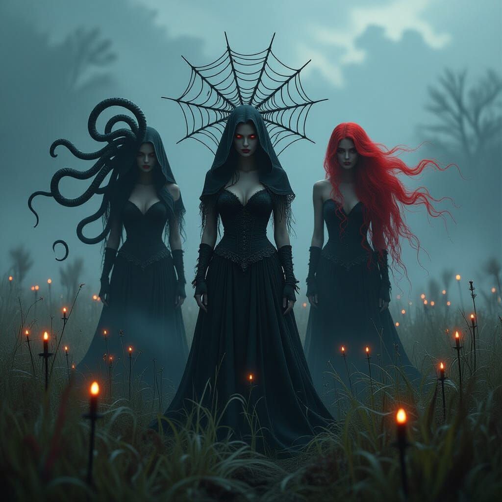 Three-Headed Witch in Eerie Field, Inspired by Beksiński