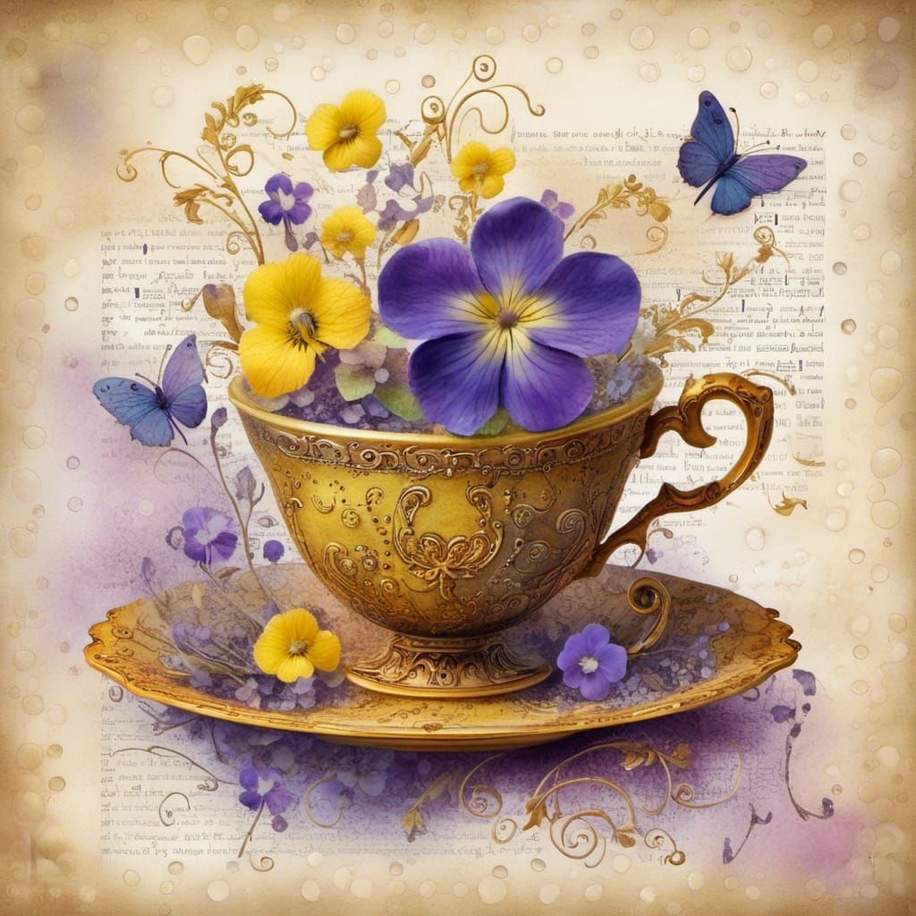 Whimsical Floral Teacup Watercolor with Cosmic Swirls