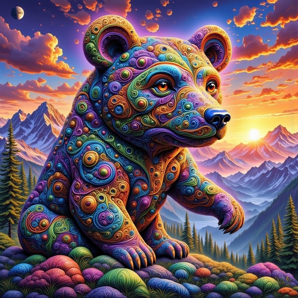 Visionary Bear in Psychedelic Dreamscape at Sunset