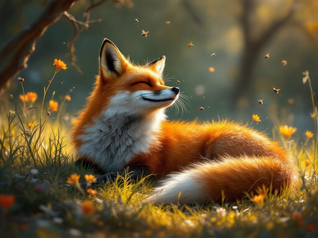 Hyper-Realistic Red Fox in Sunlit Meadow Painting