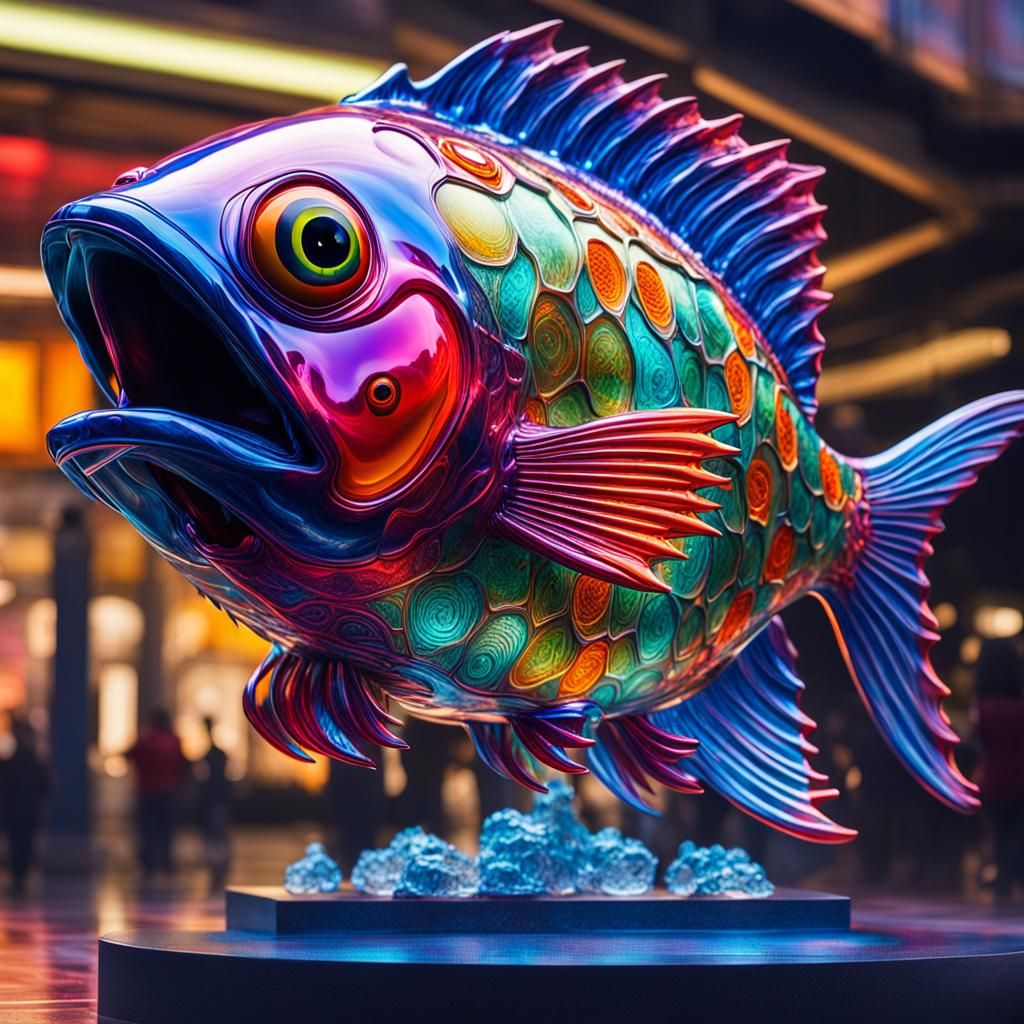 Futuristic Sci-Fi Fish Sculpture in Neo-Impressionism Style