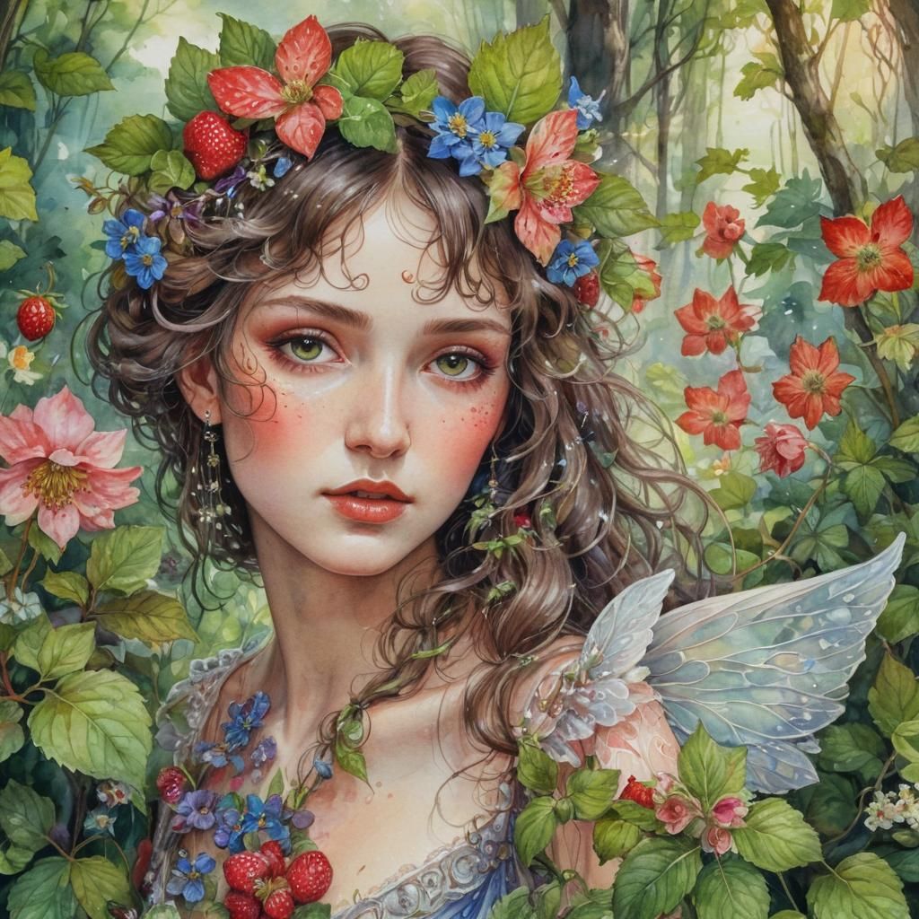 Fairy of Wild Strawberry in Watercolor Fantasy Style