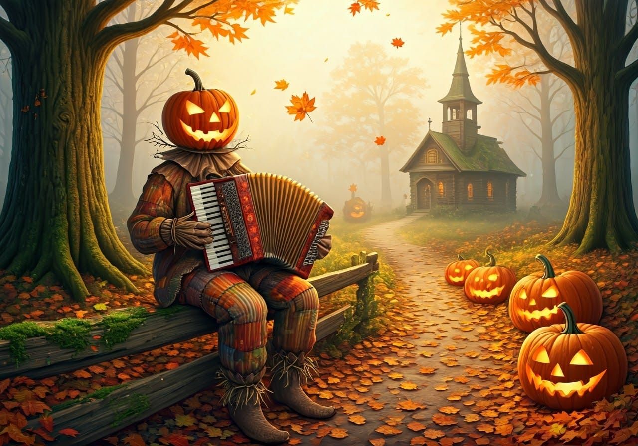 Whimsical Scarecrow Musician in Autumn Forest
