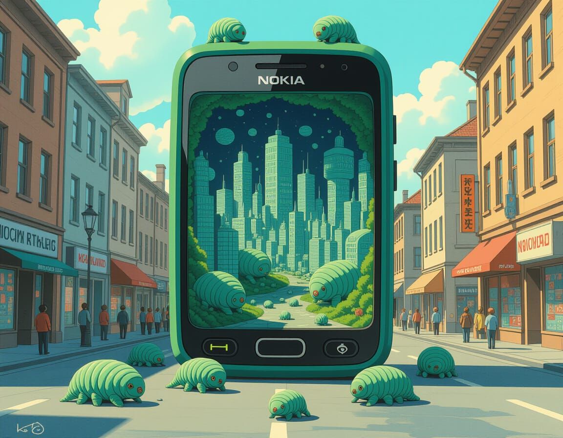 Tardigrade City in Nokia Phone, Ghibli Style