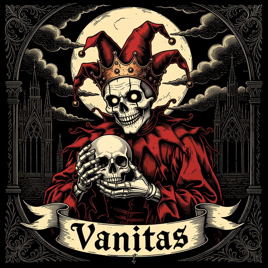 Decrepit Jester with Skull Bauble in Engraving Style