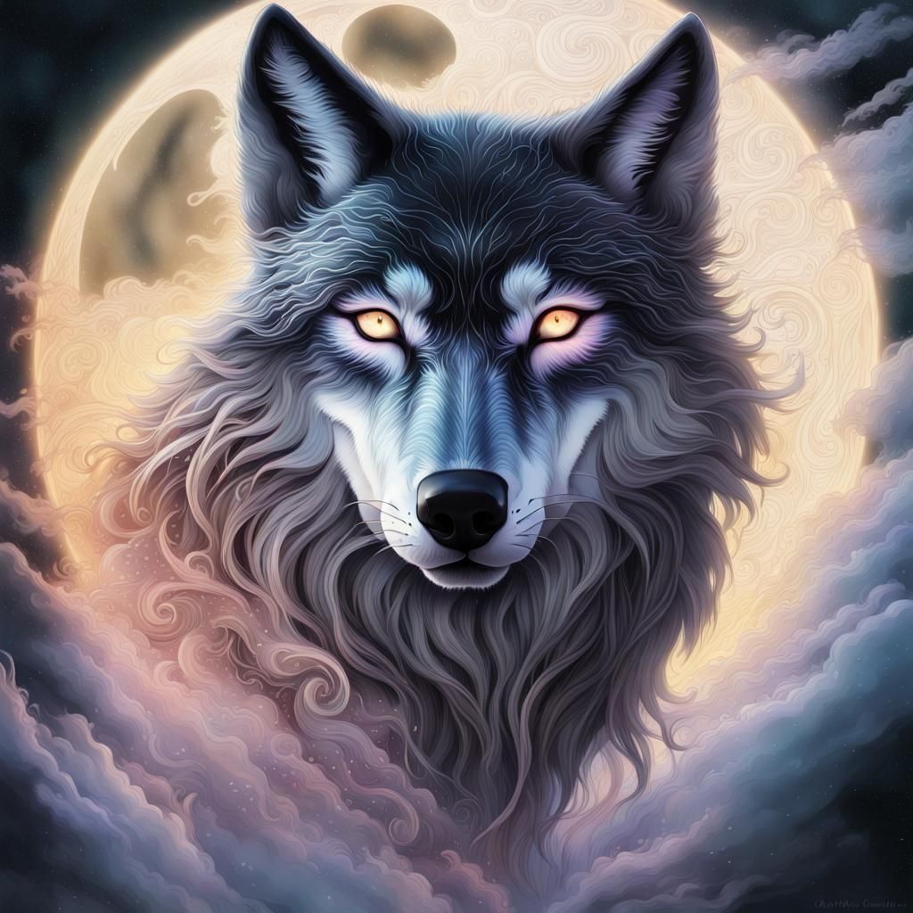 Ethereal Glowing Wolf in Bioluminescent Moonscape