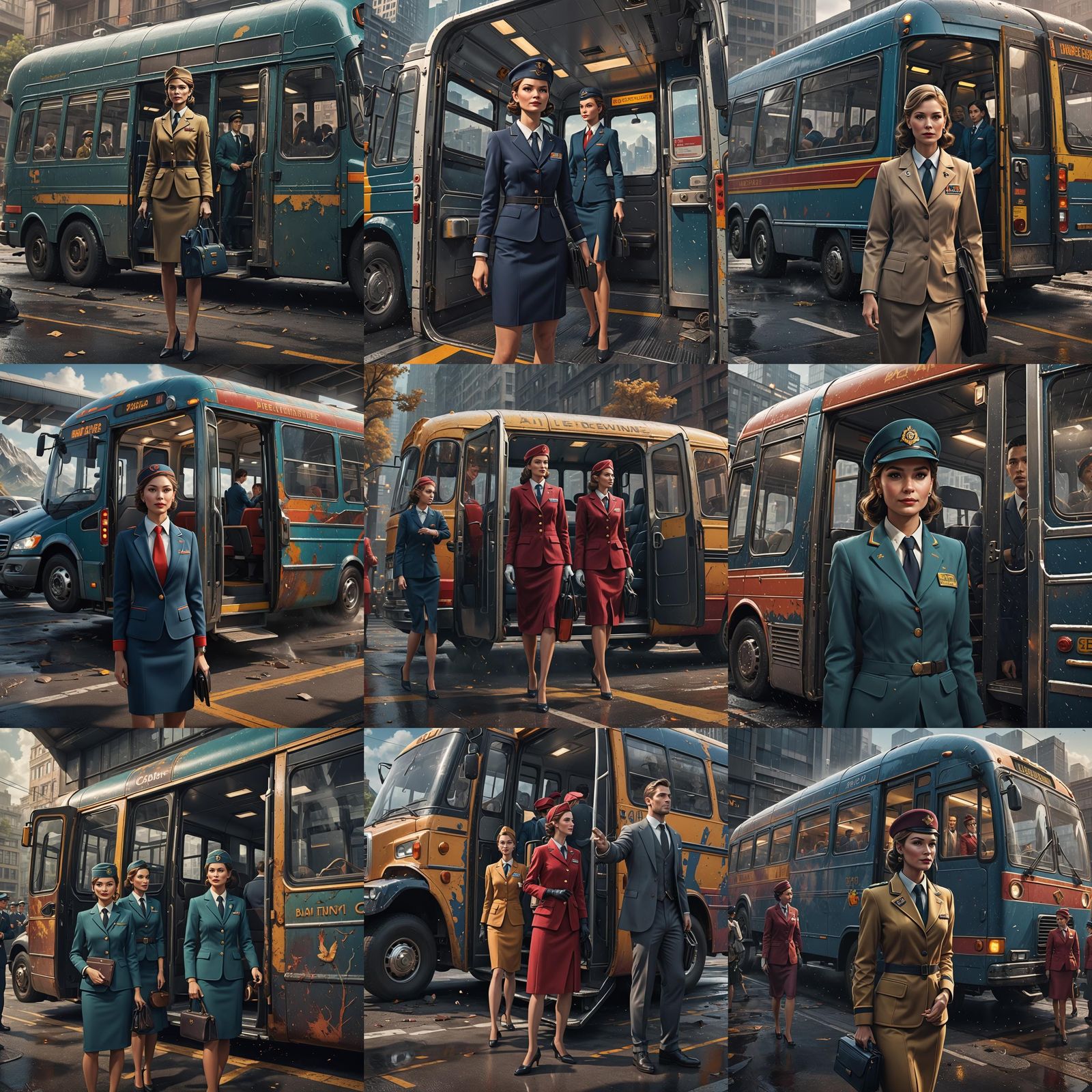 Detailed Digital Painting of Cabin Crew at Bus