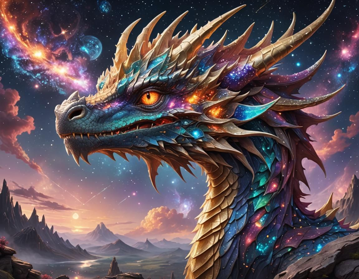 Luminescent Stardust Dragon Portrait in Galaxy Landscape