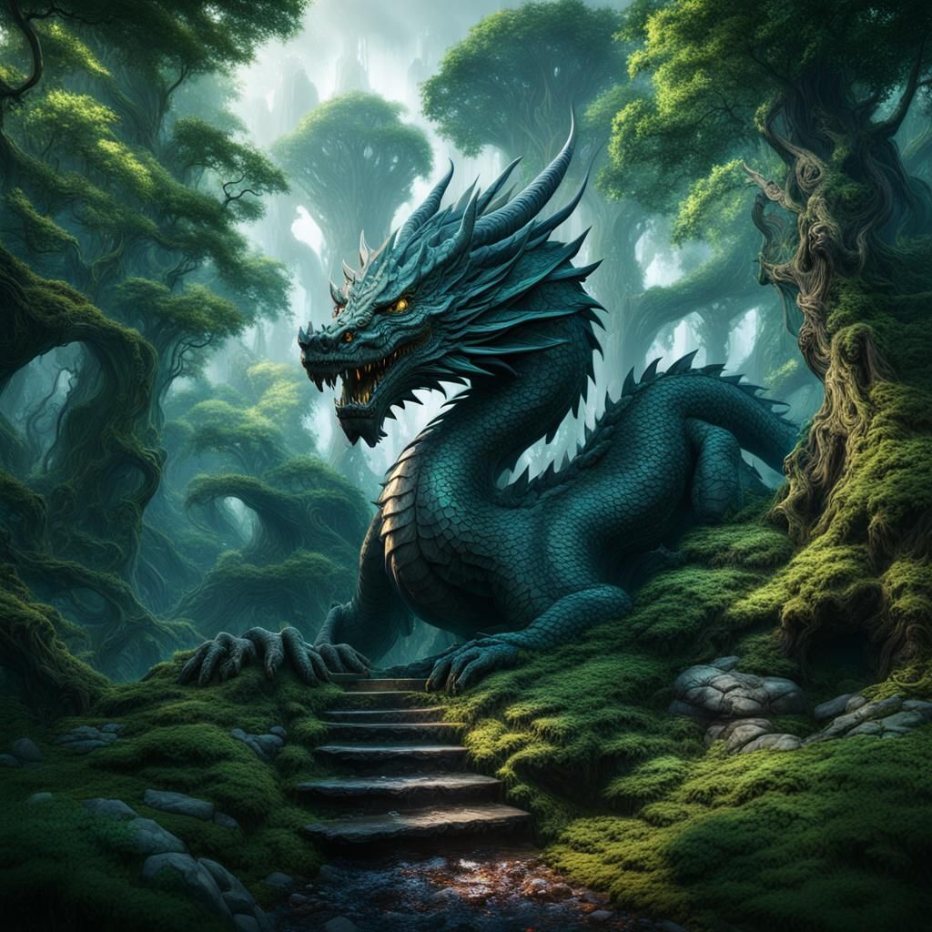 Hidden Dragon in Forest: Detailed Matte Painting