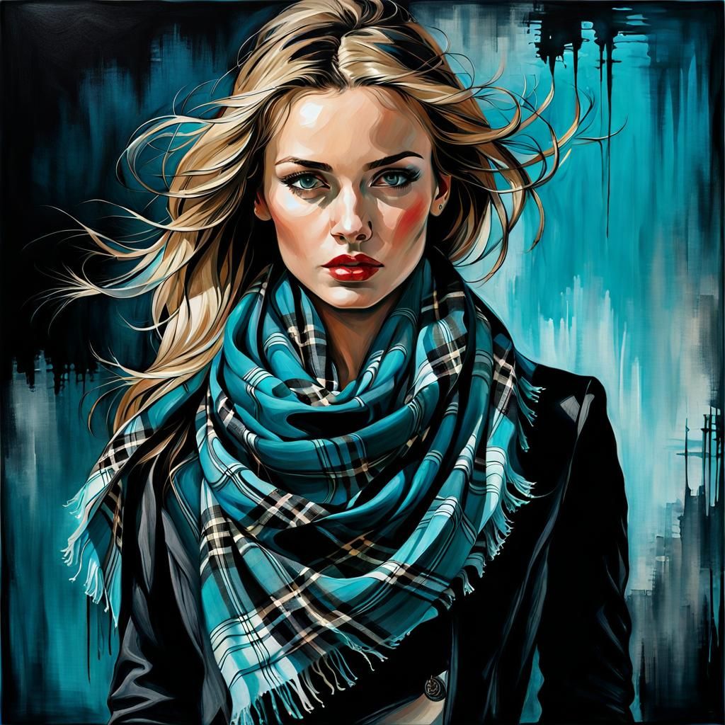 Tartan Scarf Portrait in Mixed Media Style