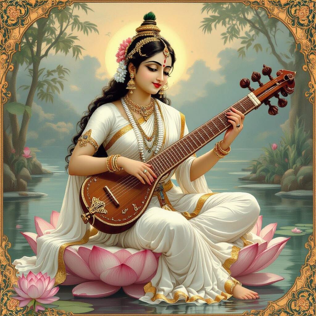 Saraswati Mata Playing Veena in Art Nouveau Style
