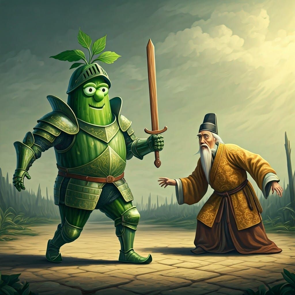Regal Cucumber Knight in Whimsical Medieval Armor