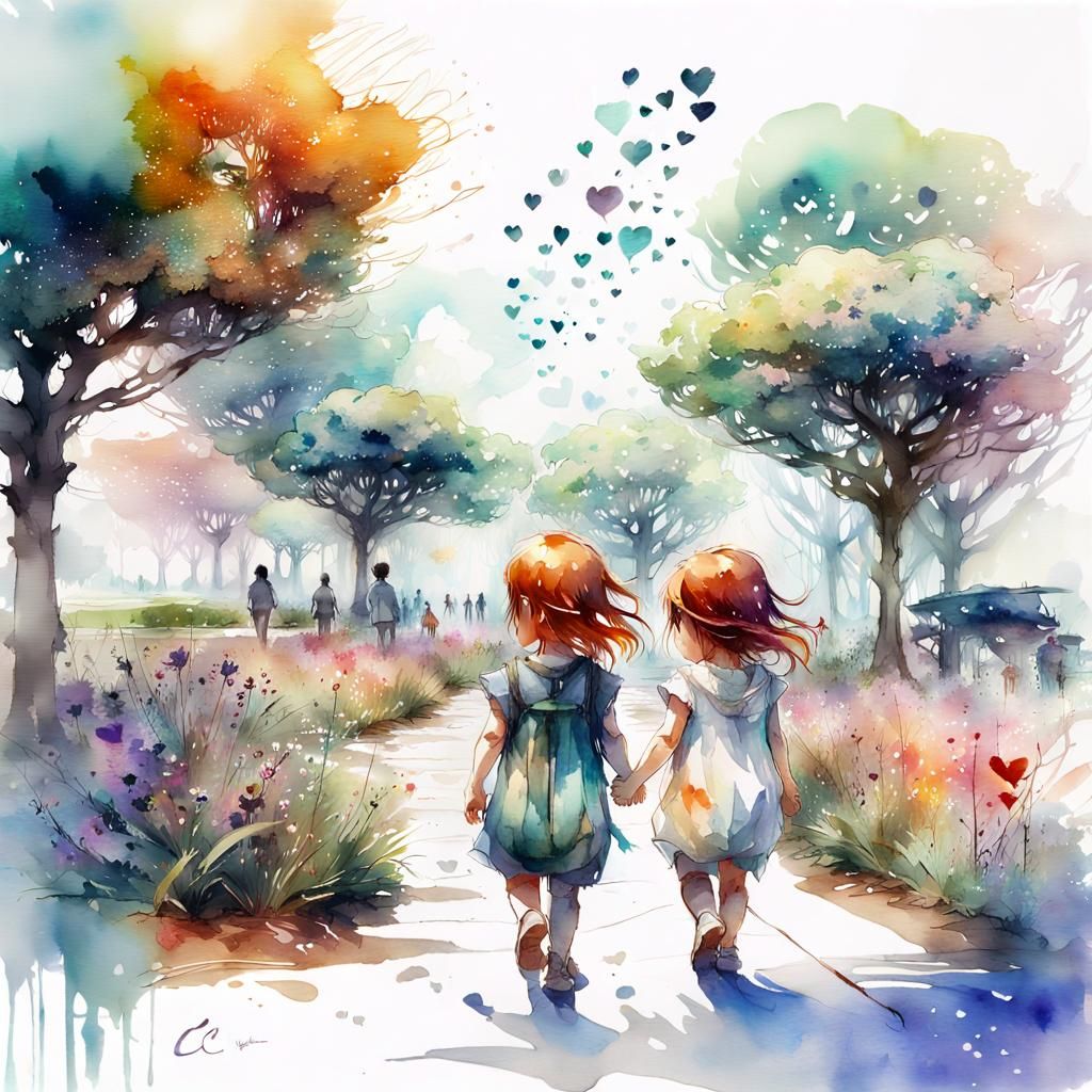 Chibi Babies Walking in Galaxy Park: Watercolor Art