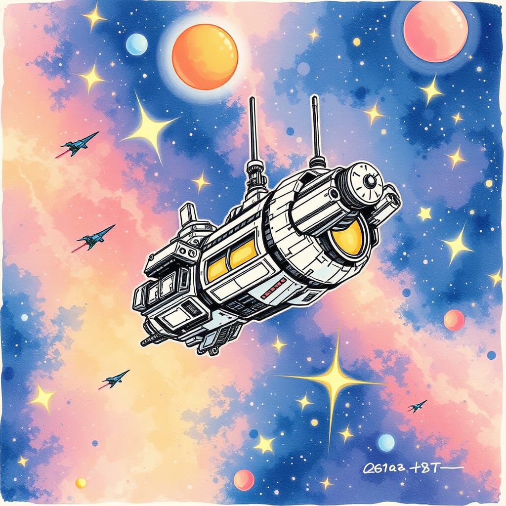 Space Station in Anime JRPG Ink Sketch Style