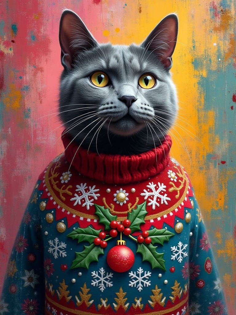 Regal Oriental Cat in Vibrant Christmas Sweater, Amidst Graf...