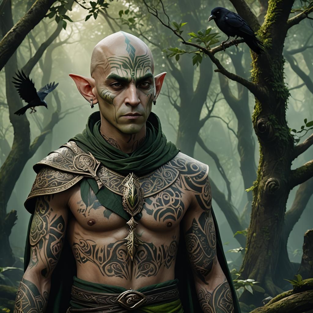 Wood Elf Monk with Raven Tattoo, Detailed Matte Painting
