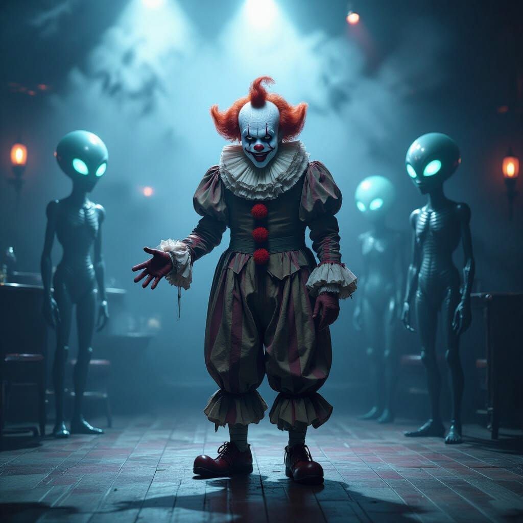 Bewildered Clown and Glowing Aliens in Smoky Jazz Club