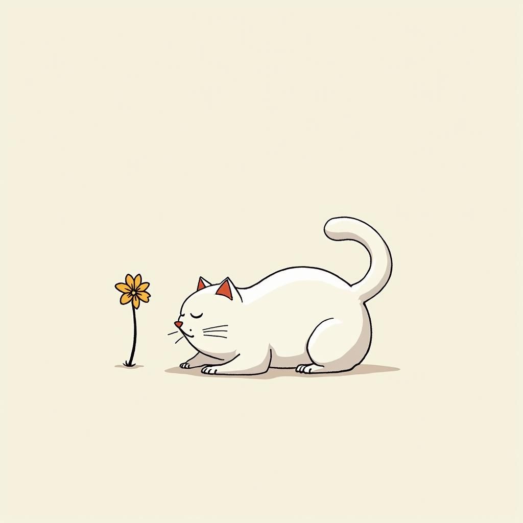 White Cat and Flower in Minimalist Style