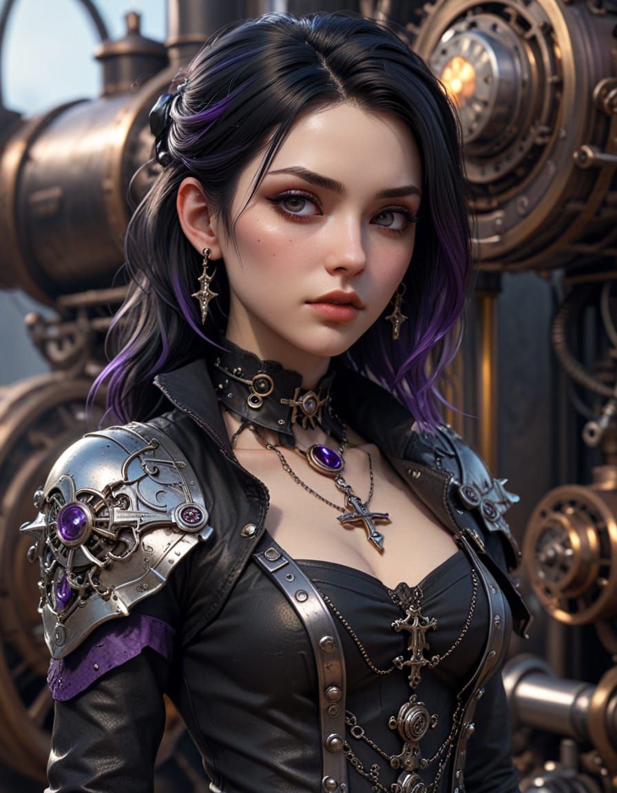 Steampunk Goth Girl in Elegant, Gears-Inspired Attire