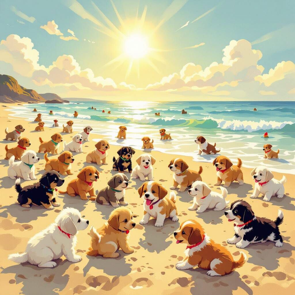 Whimsical Beach Scene with Adorable Puppies
