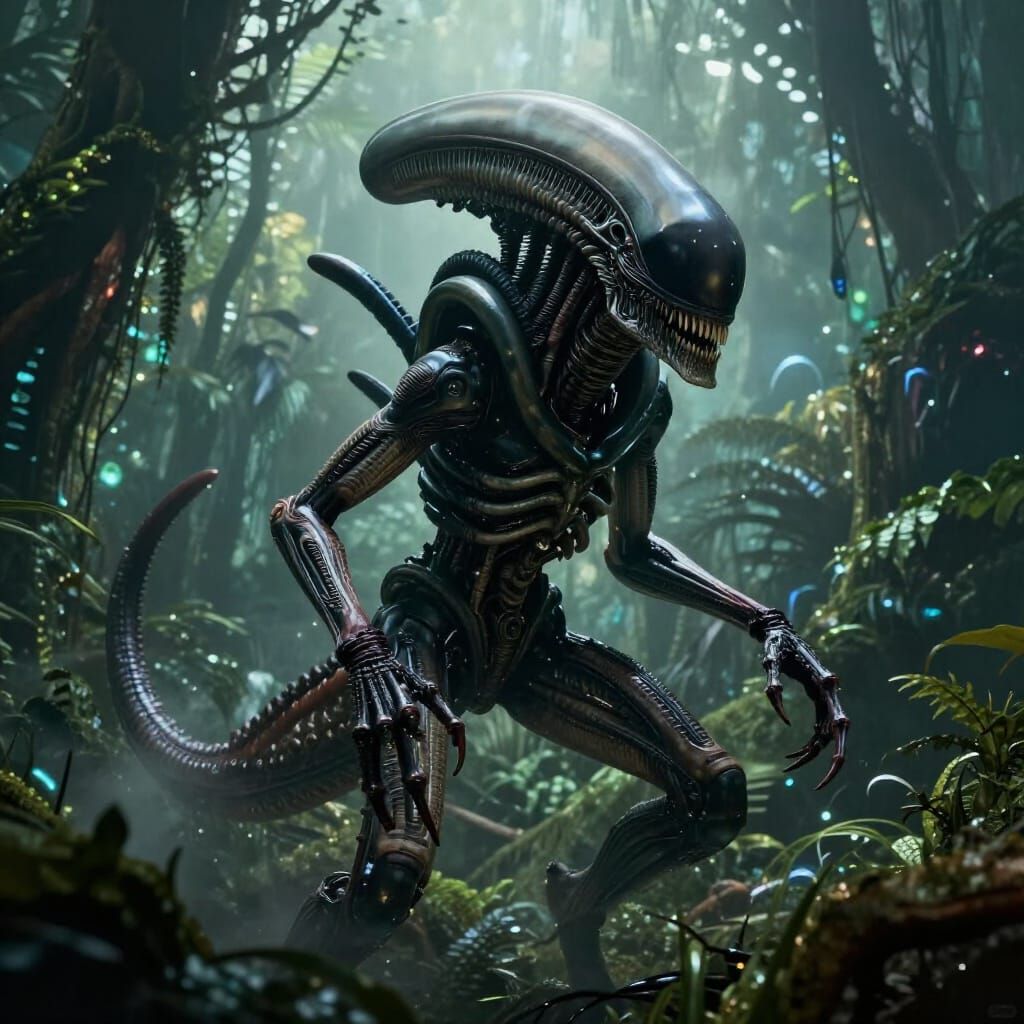 Terrifying Xenomorph Emerges from Bioluminescent Jungle