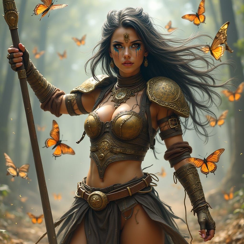 Fierce Female Warrior Dances with Fauchard and Iridescent Bu...